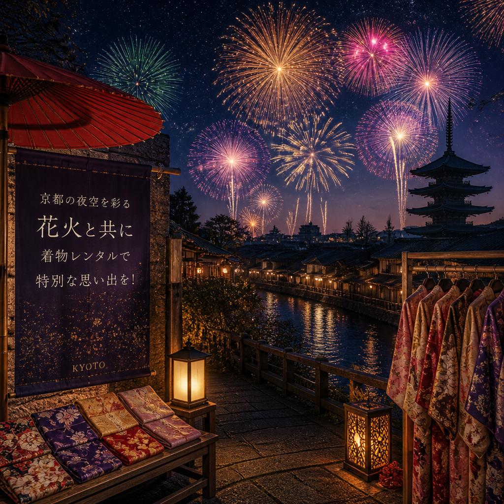 京都の夜空を彩る花火と共に着物レンタルで特別な思い出を！